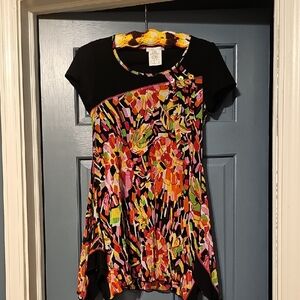 VINTAGE 80s Zoe Abstract Neon Mini Floral Dress Small Short Sleeve Women Retro